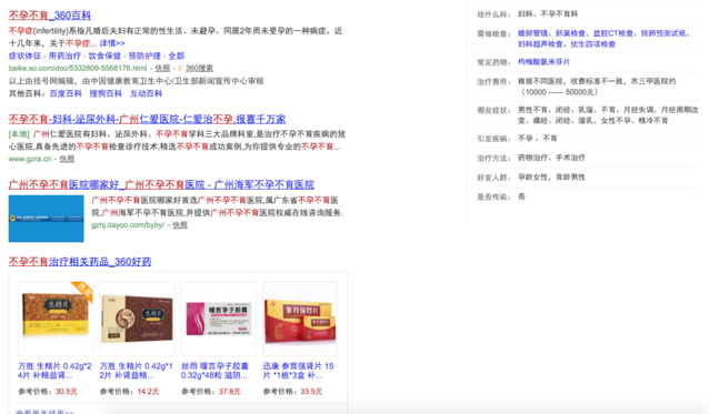 用“不孕不育”測試一下五大搜索引擎，結果并不意外