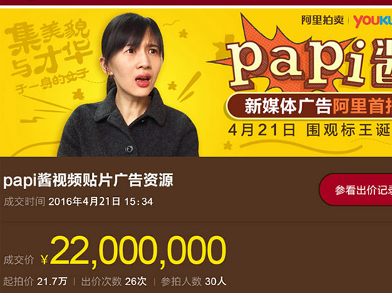互聯(lián)網(wǎng)廣告新模式！papi醬廣告被拍出2200萬
