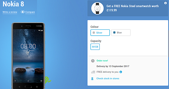 諾基亞8在英售價(jià)4218元，購(gòu)買即送Nokia Steel手表